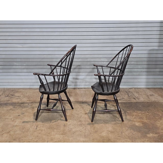 Late 20th Century Pair of d.r. Dimes Sack Back Windsor Arm Chairs Bench Made Black Crackle Finish For Sale In Cleveland - Image 6 of 9