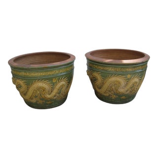 Pair of Vintage Asian Glazed Tony Duquette Style Dragon Pots For Sale