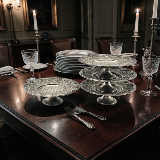 Victorian 1930s English Silver-Plated Tudor Rose Pedestal Display Stands — Registered Design 7" - Set of Four For Sale - Image 3 of 18