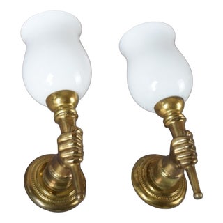 Mid-Century Brass and Opaline Glass Wall Sconces in the style of André Arbus, France, 1950s, Set of 2 For Sale