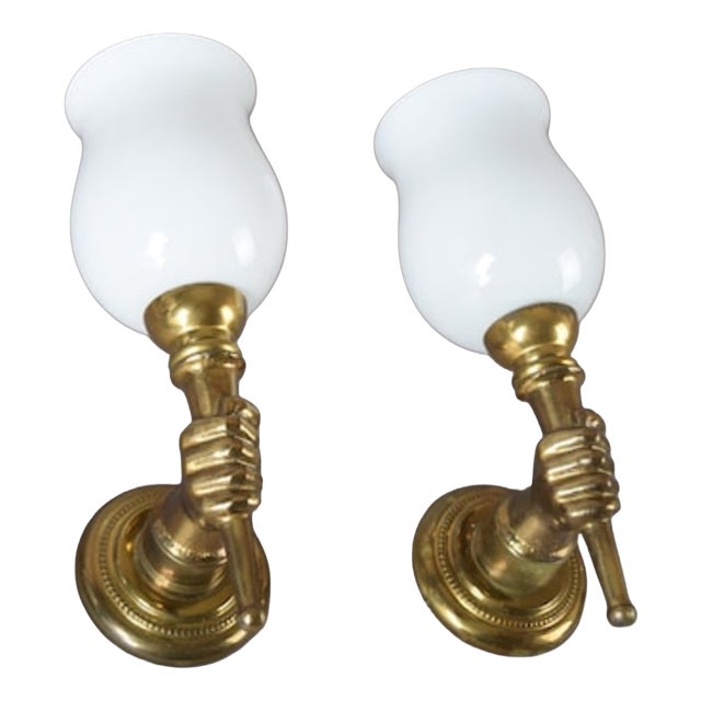 Mid-Century Brass and Opaline Glass Wall Sconces in the style of André Arbus, France, 1950s, Set of 2 For Sale