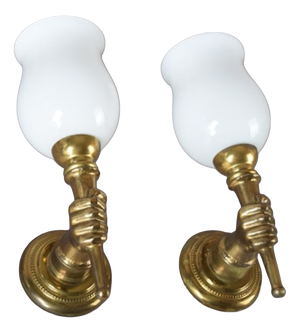Mid-Century Brass and Opaline Glass Wall Sconces in the style of André Arbus, France, 1950s, Set of 2