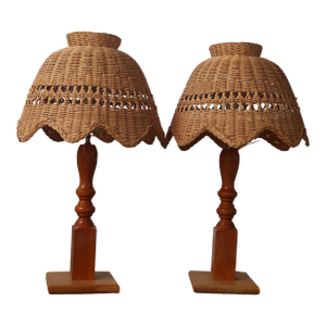 Pair of Vintage Wicker Scalloped Dome Table Lamps With Turned Wood Bases