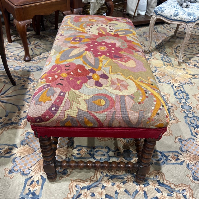 Antique English Bench Bobbin Turned Legs With Needle Point and Velvet Upholstery For Sale In New York - Image 6 of 7