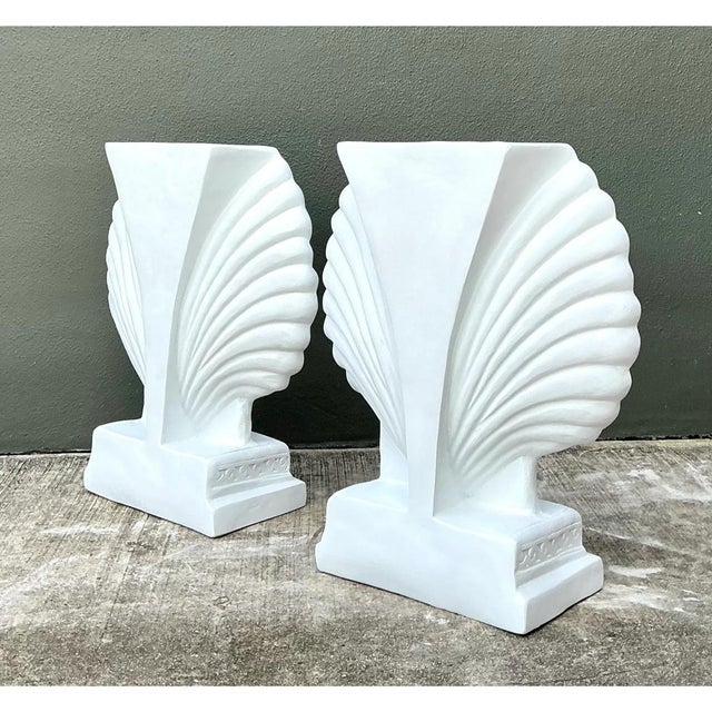 Vintage Cast Fiber Concrete Clam Shall Table Pedestals - Set of 2 For Sale In West Palm - Image 6 of 12