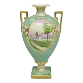 Antique Nippon Hand Painted Porcelain Windmill Scene Green Small Bolted Vase For Sale