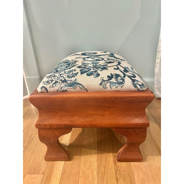 French Vintage Empire Style Maple Footstool With Blue and White Linen Upholstery For Sale - Image 3 of 12