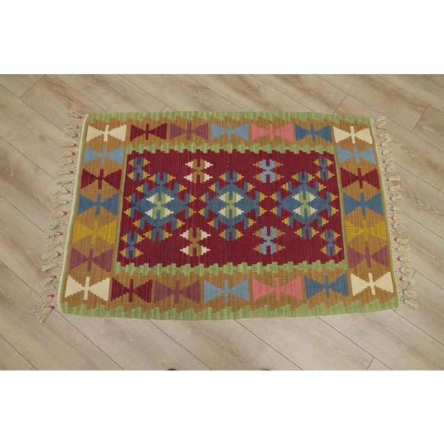 Tribal 1990s Tribal Green Geometric Kilim For Sale - Image 3 of 12