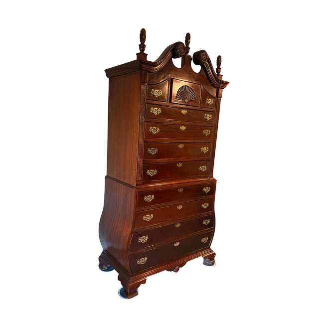Chippendale Vintage Chippendale Style Mahogany Highboy Chest on Chest With Carved Bonnet Top & Working Keys For Sale - Image 3 of 12