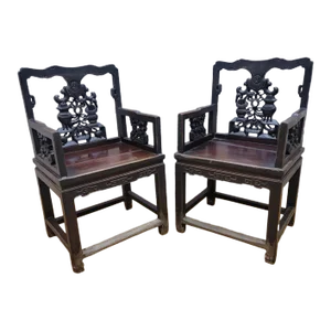 Antique Shanxi Province Carved Elm Top Hat Official Chairs - Pair