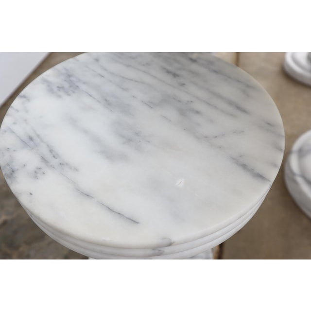 Vintage Italian Solid Carrara Marble Pedestal Dining Table With 6 Stools Garden Bistro 50's 60's Hollywood Regency Neoclassical For Sale - Image 6 of 11