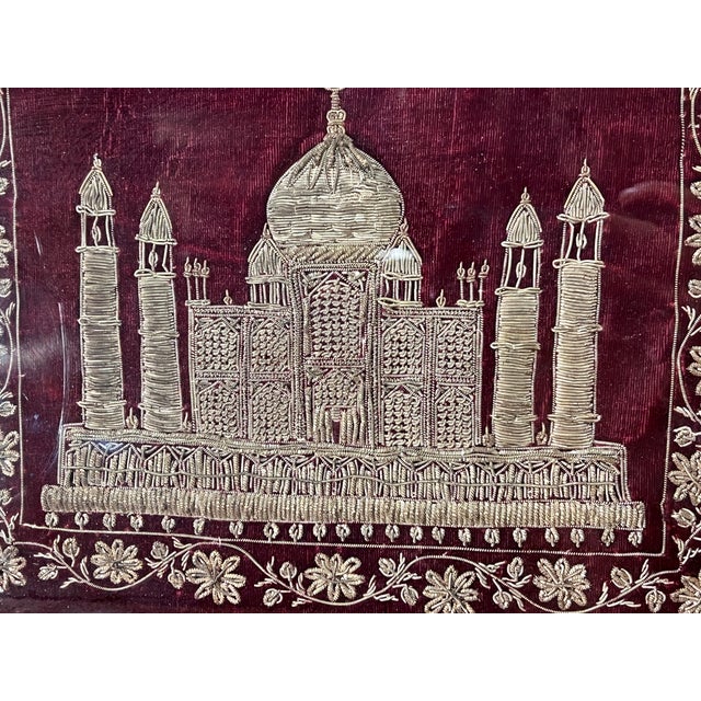 Wood Vintage Giltwood Framed Zardozi Velvet & Gold Thread Embroidery Art Piece Depicting the Taj Mahal. For Sale - Image 7 of 9