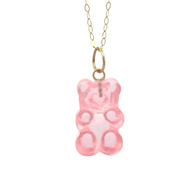14k Yellow Gold Pink Translucent Resin Gummy Bear Pendant Necklace For Sale In New York - Image 6 of 8