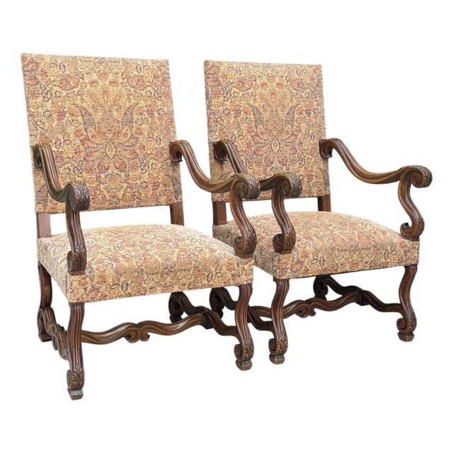 Vintage Baroque-Style Carved Armchairs With Scrolled Arms, Pair For Sale