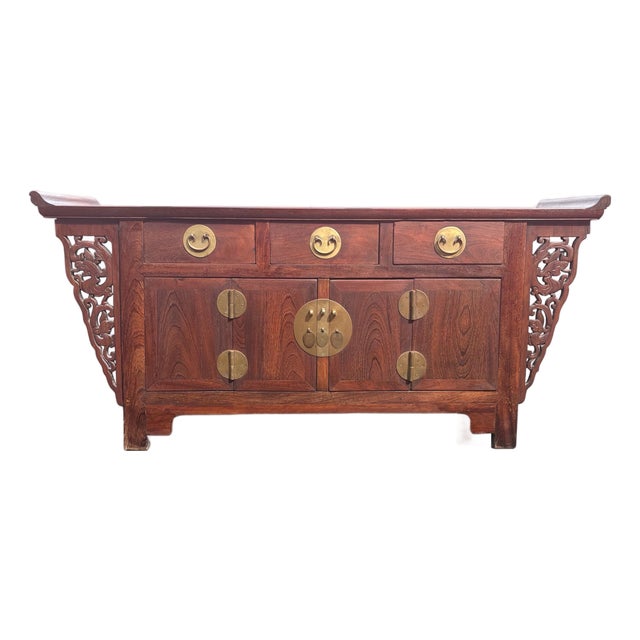 Carved Antique Chinese Hardwood Altar Cabinet Credenza For Sale