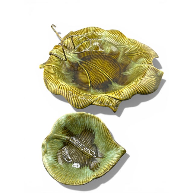 1960s Vintage Mid-Century Maurice of California Green 3pc Leaf Crudite/Chip and Dip Bowl For Sale - Image 5 of 9