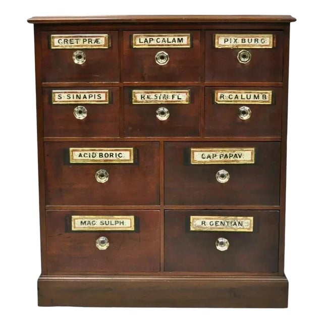 19th Century Victorian Mahogany Apothecary Medicine Cabinet With 10 Drawers Glass Pulls For Sale