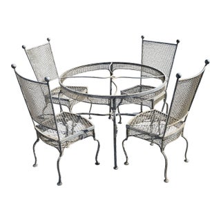 Vintage Rare 1960's Russell Woodard Attributed Mesh Wrought Iron Patio Glass Table and 4 Chairs For Sale