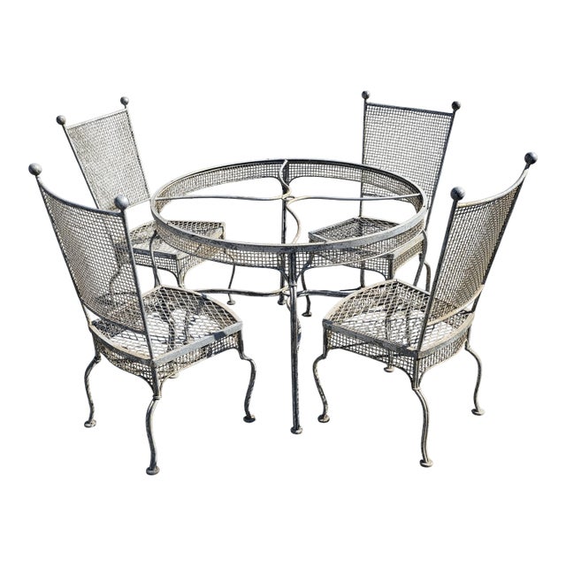 Vintage Rare 1960's Russell Woodard Attributed Mesh Wrought Iron Patio Glass Table and 4 Chairs For Sale
