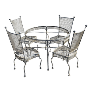 Vintage Rare 1960's Russell Woodard Attributed Mesh Wrought Iron Patio Glass Table and 4 Chairs