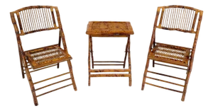 Burnt Bamboo Vintage Folding Cafe Occasional Table w/ Two Matching Chairs Set
