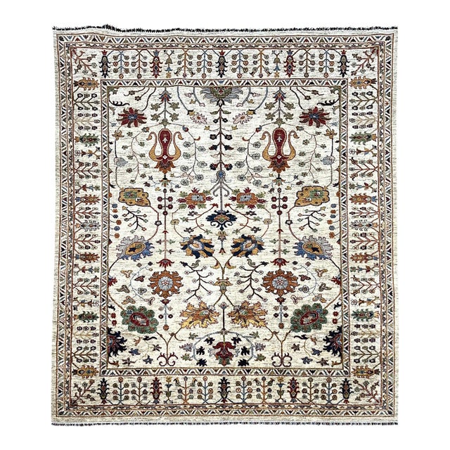 Beige Sultani Persian-Style Floral Natural Dye Wool Area Rug, 8'2" X 9'9" For Sale