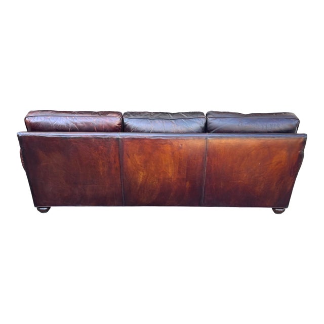 Burnt Umber Restoration Hardware Medium Brown Leather Sofa With Feather-Filled Cushions For Sale - Image 8 of 10