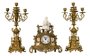 Triptych with Table Clock in Blue Porcelain and Chiseled Gilded Bronze, 1970s, Set of 3