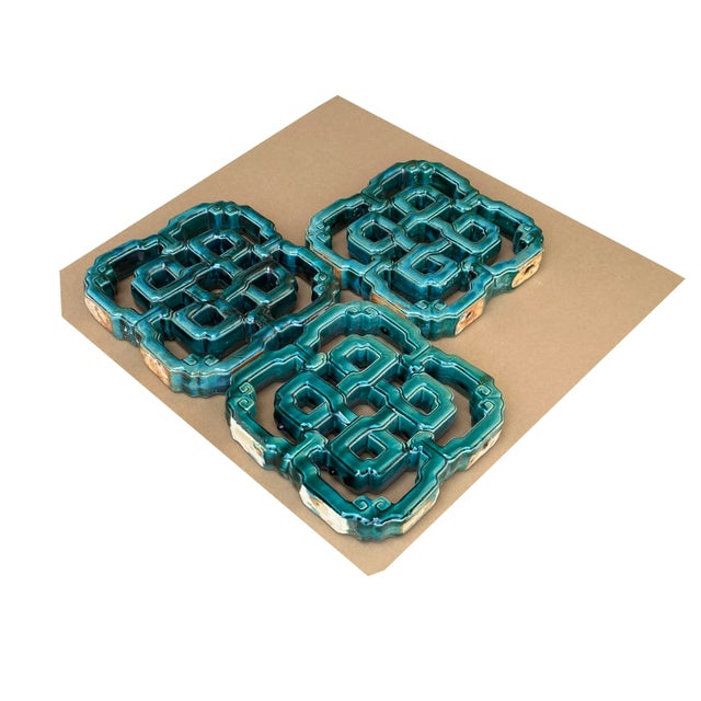 Lot of 3 Chinese Infinite Knot Turquoise Green MIX Glaze Clay Tile For Sale In San Francisco - Image 6 of 8