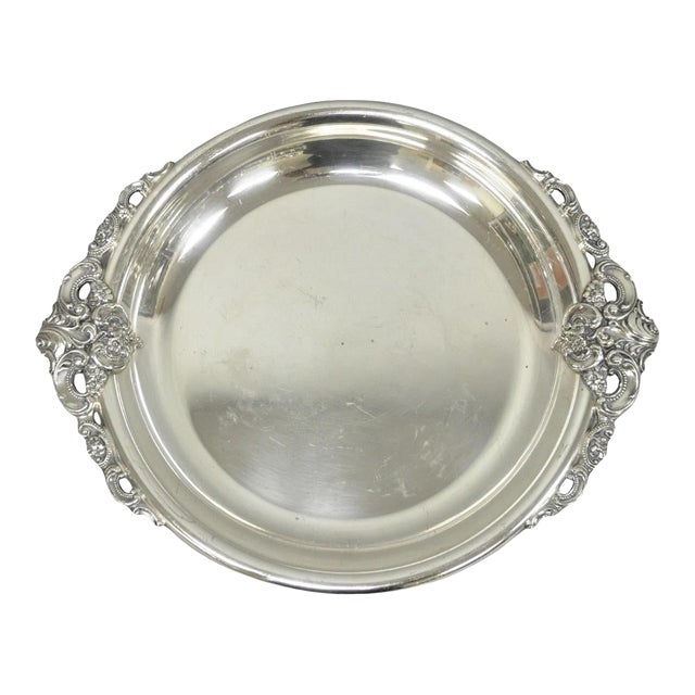 Vintage Wallace Baroque Silver Plated Round Twin Handle Serving Platter Bar Tray For Sale