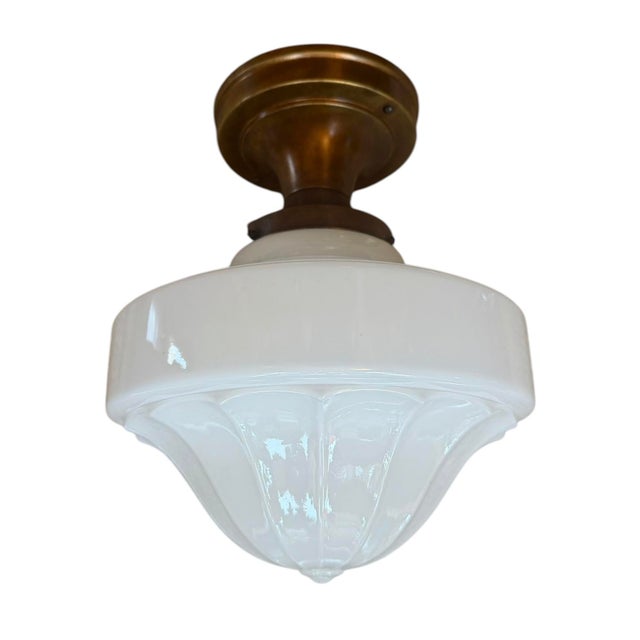 1920s American Stamped Williamson Brass Schoolhouse Ceiling Light For Sale - Image 4 of 9
