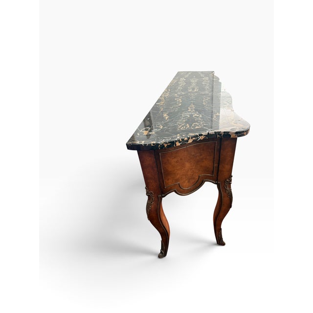 Wood 1970s Monumental Mastercraft Burl Wood & Black Marble Console Table, 80” For Sale - Image 7 of 16