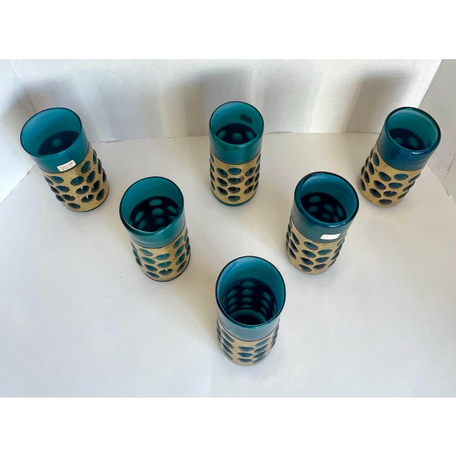 Mid 20th Century Mexican Hand-Blown Caged Blue Art Glass and Brass Glasses Made by Jomeli - Set of 6 For Sale In Los Angeles - Image 6 of 12
