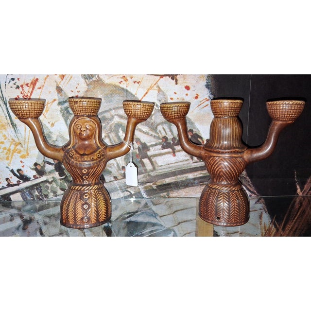 Saint-Clément Glazed Ceramic Candlesticks, 1970s, Set of 2, in Good conditions. Designed 1970 to 1979