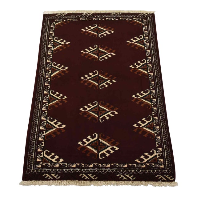 Turkmen Rug 2’10” X 4’1” Red Wool Vintage Tribal Hand-Knotted Oriental Carpet For Sale