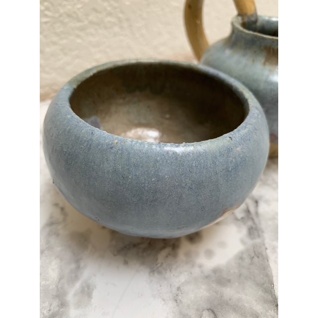 Cornflower Blue Vintage Handcrafted Artisan Pottery Cream and Sugar Set of Two For Sale - Image 8 of 10