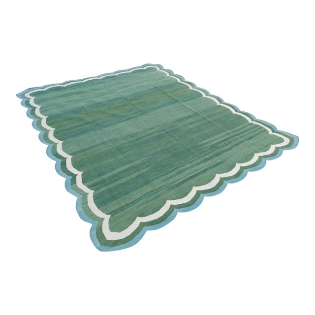 Handmade Cotton Reversible Scalloped Edge Rug Forest Green With Cream and Teal Blue Border - 8'x10' For Sale