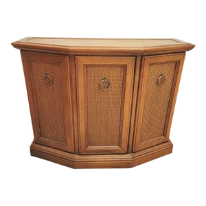 1970's American Pecan and Rattan Console Cabinet