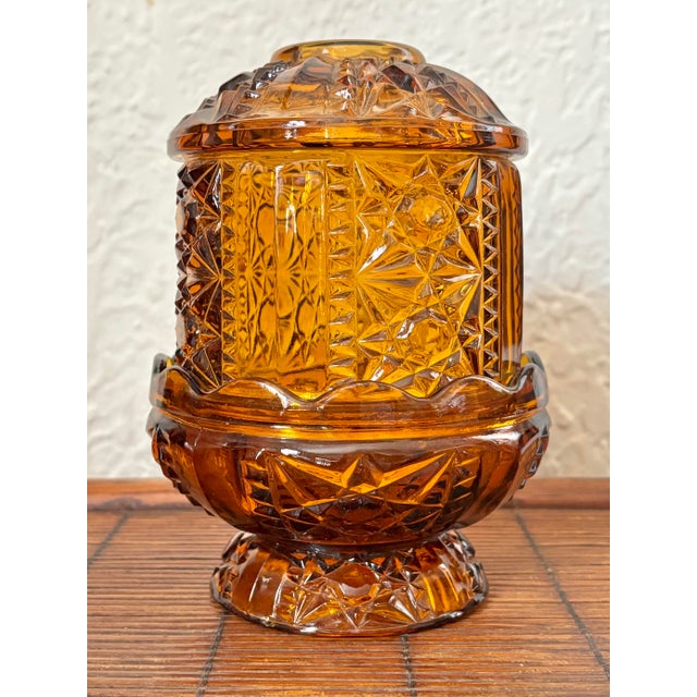 Vintage Indiana Glass “Stars and Bars” Amber Fairy Lamp Light For Sale - Image 6 of 6