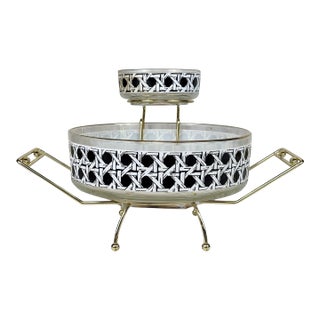 Mid-Century Black White Rattan Motif Glass Chip & Dip Serving Bowl Set For Sale