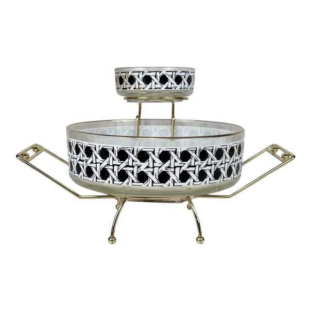 Mid-Century Black White Rattan Motif Glass Chip & Dip Serving Bowl Set For Sale