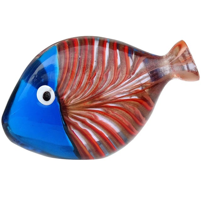 Murano Vintage Sommerso Blue Orange Aventurine Fenicio Pattern Italian Art Glass Fish Paperweight Figurine For Sale - Image 9 of 9