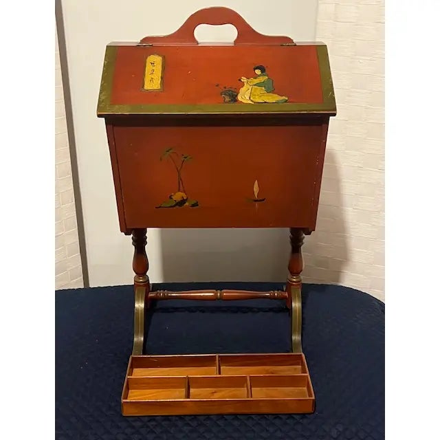 Vintage 20th Century English Style Red Japanned Hinged Two-Sided Flip-Open Sewing Cabinet For Sale - Image 16 of 18