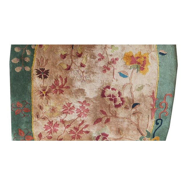 Camel 1920s Rose Floral Antique Chinese Art Deco Oval Carpet 4' X 6'10" Knotted Wool Rug For Sale - Image 8 of 8