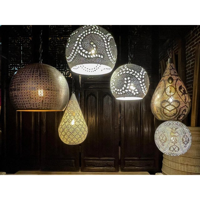 Indian Gold Filigree Lucknow Pear Pendant Lantern For Sale - Image 3 of 12