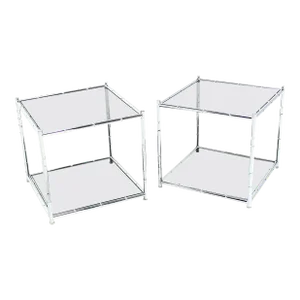 Cube Shape Chrome Faux Bamboo Frame End Tables Smoked Glass Top - A Pair
