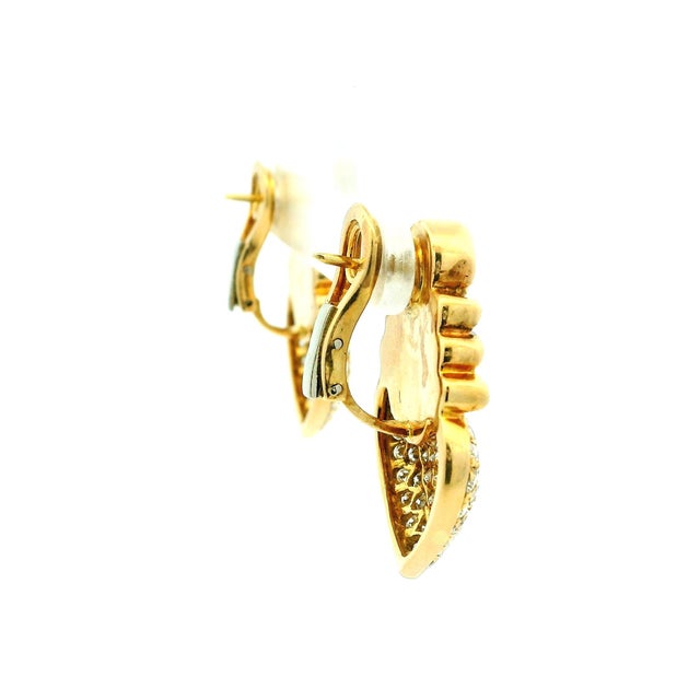 Vintage Italian 18k Gold Diamond Pavé Heart Omega Back Earrings, A Pair For Sale In Miami - Image 6 of 16