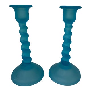 1950s Vintage Frosted Pressed Indiana Glass Barley Twist Candlestick Holders - a Pair For Sale