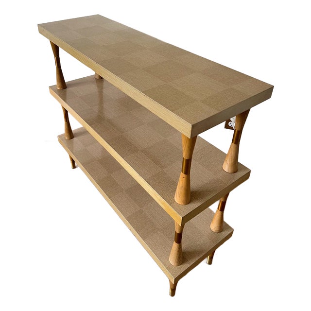 Mid-Century Checkered Wood Shelf With Tapered Spindle Legs, 1960s–70s For Sale