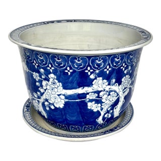 Late 1800s Blue/White Prunus Blossom Chinese Jardiniere With Underplate For Sale